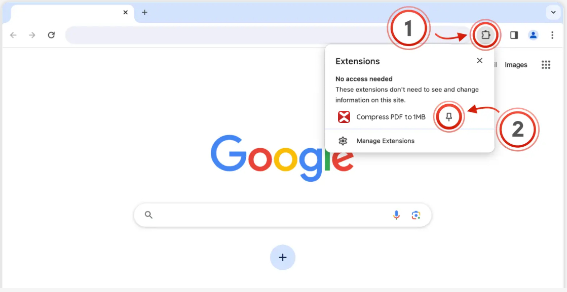 Pin Compress PDF to 1MB from the Extensions menu